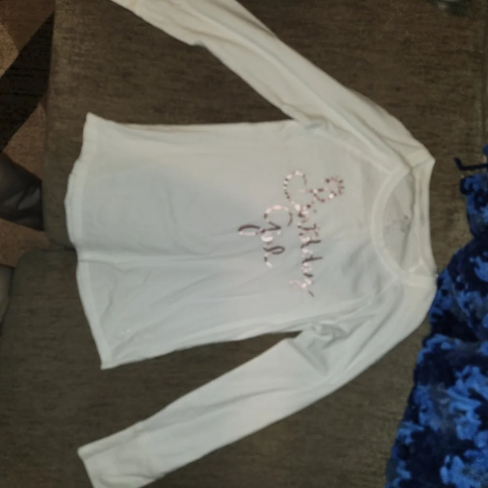Justice White Long Sleeve Shirt with Pink Glitter Text